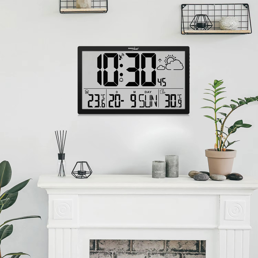 Digitale Wanduhr mit LCD-Wetterstation von MACLEAN in GrünBlau mit Thermometer und Datumsanzeige, B: 370 mm, H: 225 mm - Bild 2