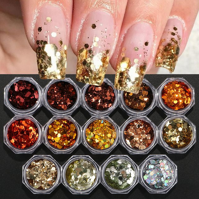 Full Beauty Nail Art Pailletten Glitzer, Gold, 14 Stück - Bild 1