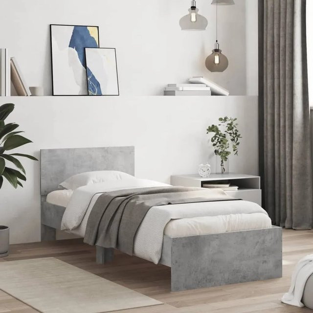 vidaXL Bettgestell mit Kopfteil, LED-Leuchten und USB-Ladeanschluss in Betongrau, B/T/H: 90 x 200 cm - Bild 1
