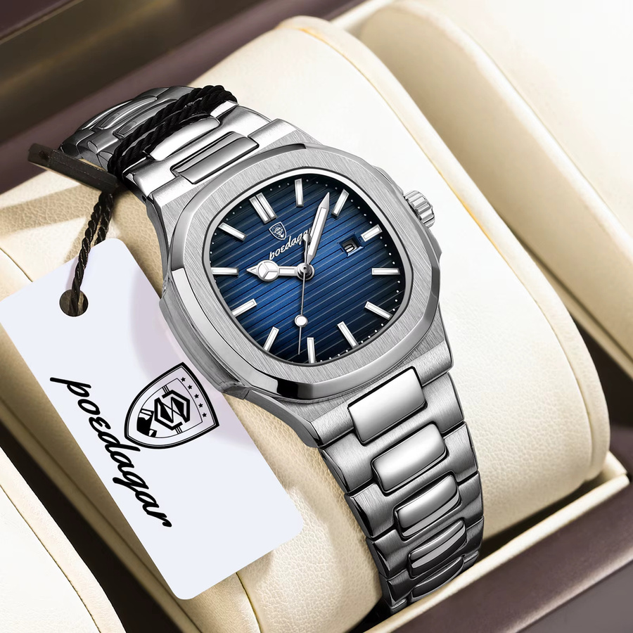 POEDAGAR Armbanduhr Edelstahl, Quarz, Tonneau, Blau, Silber, Damen - Bild 2