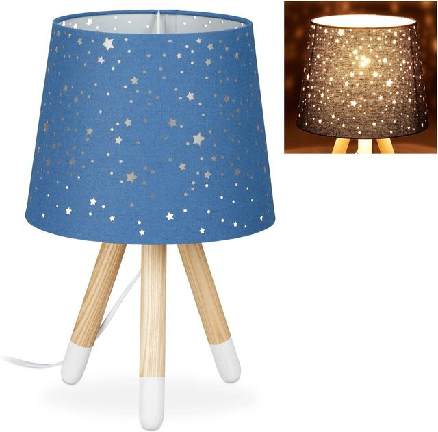Relaxdays Tischlampe aus Stoff und Eschenholz in Blau mit Sternen-Design, Höhe: 40 cm, Durchmesser: 25,5 cm - Bild 1