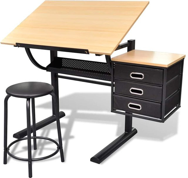 vidaXL Zeichentisch mit neigbarer Tischplatte, 3 Schubladen und Hocker in Braun - Bild 1