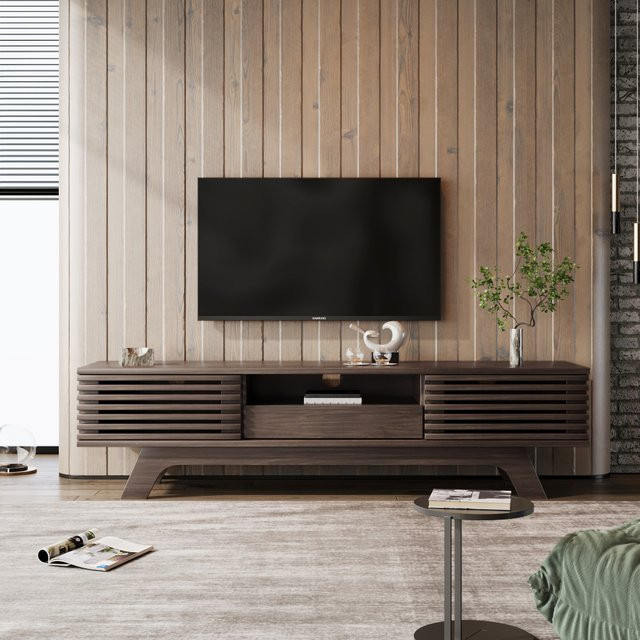 PINGGO Vintage TV-Ständer Lowboard in Holzfarbe Braun mit einer Schublade und zwei Türen, B/T/H: 150 x 35 x 44 cm - Bild 1