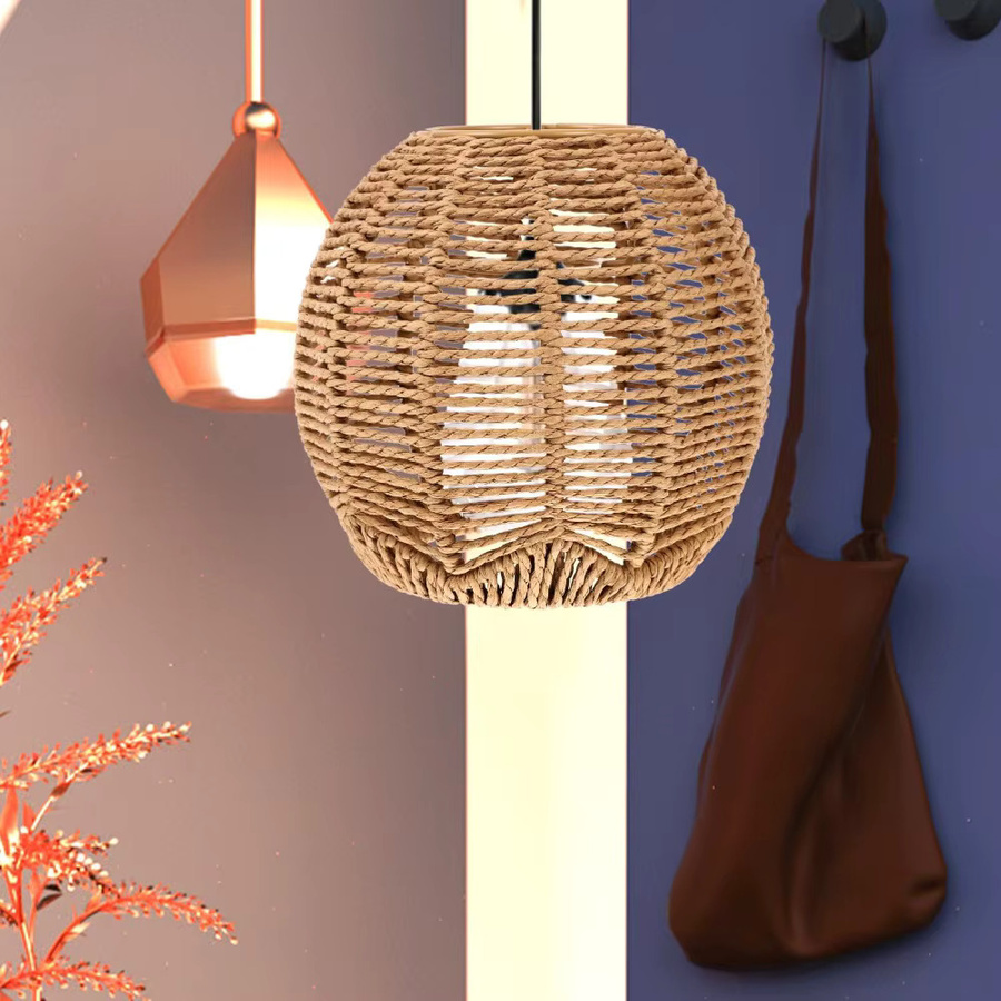 JOYINLED Boho Weiden-Lampenschirm in Beige, dekorative Kugel-Hängelampenabdeckung aus Rattan und Papier für E27/E26, Durchmesser: 15 cm - Bild 1