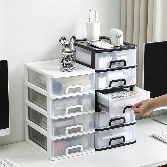 Schreibtisch-Aufbewahrungsbox mit Schubladen aus Kunststoff in Weiß für deinen Büro-Organizer und Zubehör - Bild 1