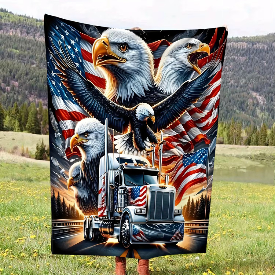 VIKAMA Retro-Flanell-Decke mit USA-Motiv, LKW und Weißkopfseeadler, Mehrfarbig - Bild 3