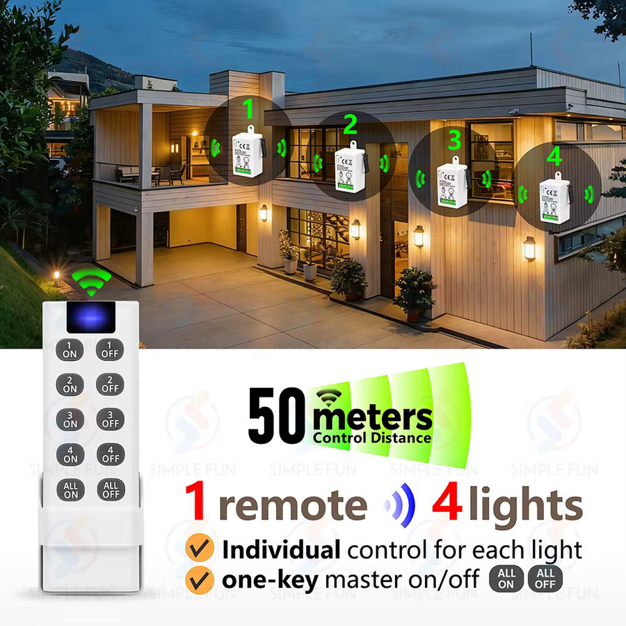 SLMPLEFUN 4-in-1 kabelloser Fernbedienungs-Lichtschalter mit 433 MHz Sender für Lampen und LED-Lüfter, Weiß - Bild 2