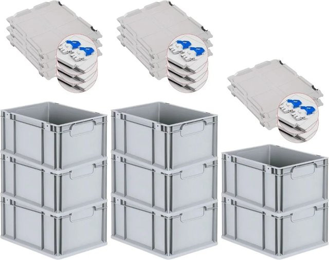 PROREGAL Spar Set 8x Eurobox Nextgen Economy mit Scharnierdeckel und blauen Schiebeschnappverschlüssen, Farbe: Blau/Grau, H x B x T: 22 x 30 x 40 cm, 20 Liter - Bild 1