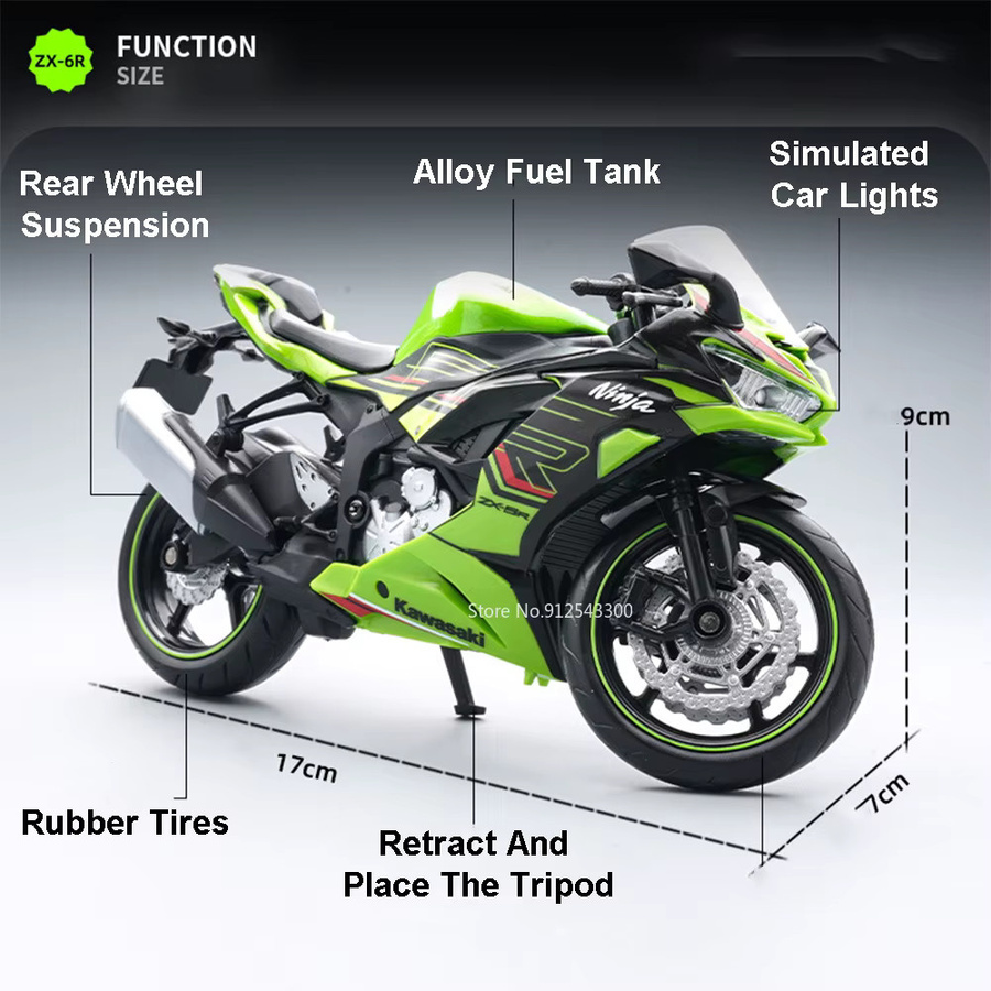 MAKEDA Kawasaki Ninja ZX-6R Motorrad Modell, 1:12, Metall, mit Hinterradaufhängung Funktion - Bild 2
