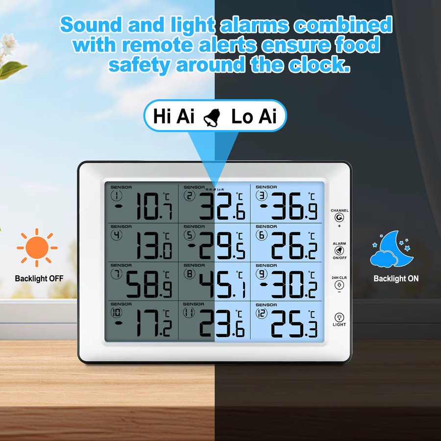Urageuxy Drahtloser 12-in-1 Temperaturmonitor mit 8,3 Zoll Farbdisplay und Ton- sowie Lichtalarm in Weiß - Bild 4