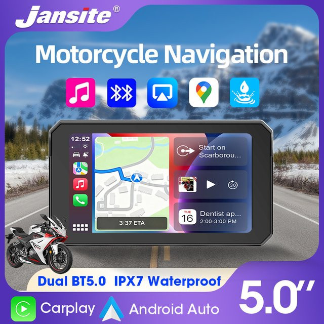 Jansite Motorrad Carplay Navigation mit 5 Zoll IPS Bildschirm, GPS und Android Auto, Schwarz, IP67 wasserdicht, Universal - Bild 1