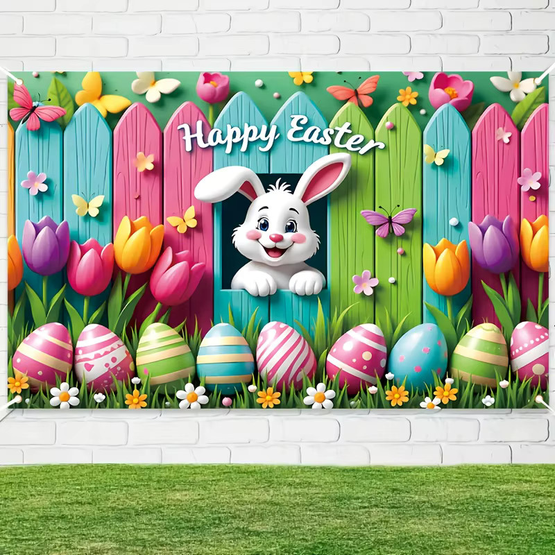 VIKAMA Oster-Wandteppich mit 3D-Hasen und bunten Tulpen, Wanddekoration für Wohnzimmer und Kinderzimmer, Mehrfarbig, Breite: 180 cm, Höhe: 110 cm - Bild 2