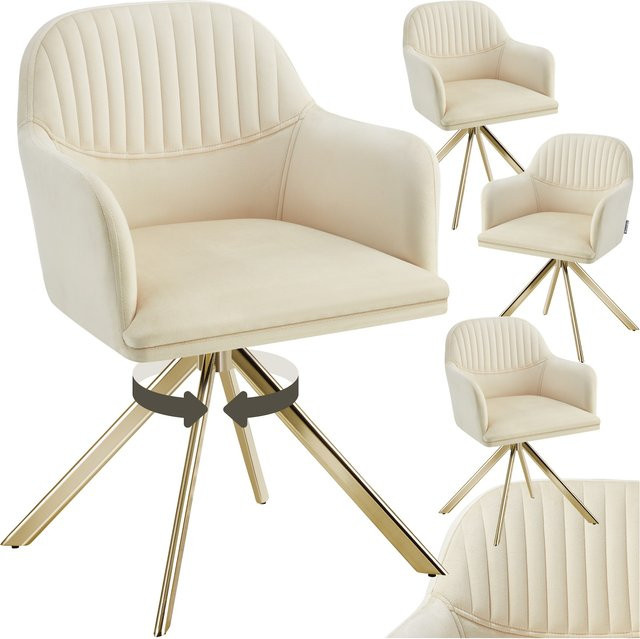 tectake Samt-Drehstuhl Lona 4er Set, gepolsterter Drehstuhl in Beige und Gold, 360 Grad drehbar, B/T/H: 56 x 59 x 81 cm - Bild 1