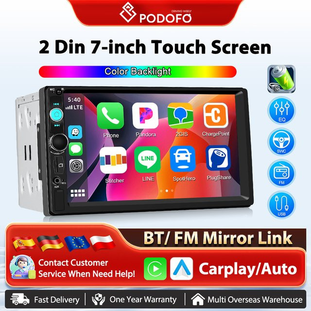 Podofo 2Din Multimedia Player mit 7 Zoll Display, Drahtloses CarPlay und Android Auto, Bluetooth, USB, FM, DAB und Mirrorlink in Schwarz - Bild 1