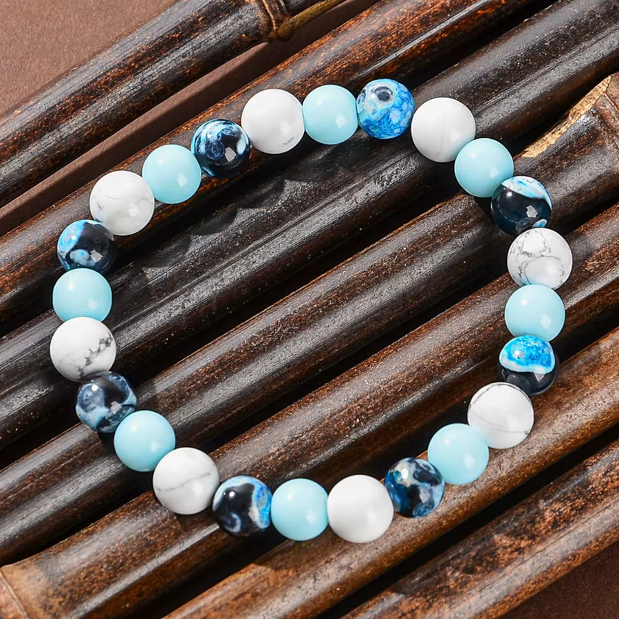 Heilarmband, blauer Feuerachat, weiße Türkisperlen, Unisex - Bild 2
