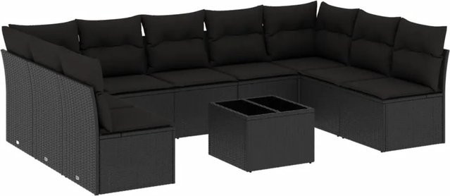 vidaXL 10-tlg Garten-Sofagarnitur aus Polyrattan in Schwarz mit Tisch und Kissen, L-Form - Bild 1