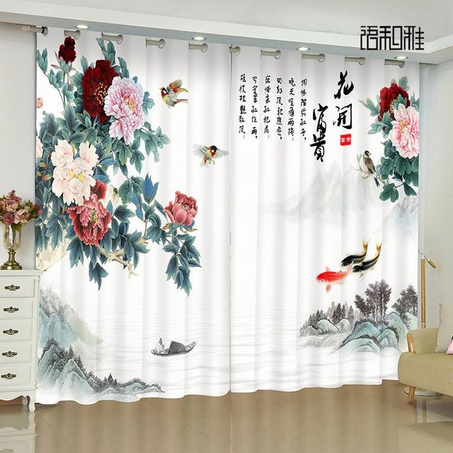 Yiran Furniture 2er-Set Vorhang mit Pfingstrosen-Blumen und Vogelmalerei im chinesischen Stil, semi-transparent, mehrfarbig, Breite: 100 cm, Höhe: 130 cm - Bild 1