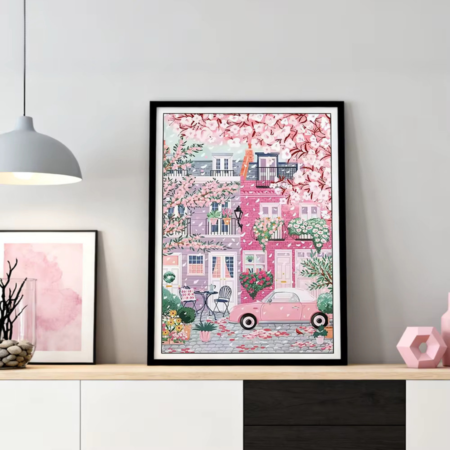 HUACAN Diamant-Malerei-Komplettset, Stadtstraßenlandschaft, rosa Landschaft, rund - Bild 2