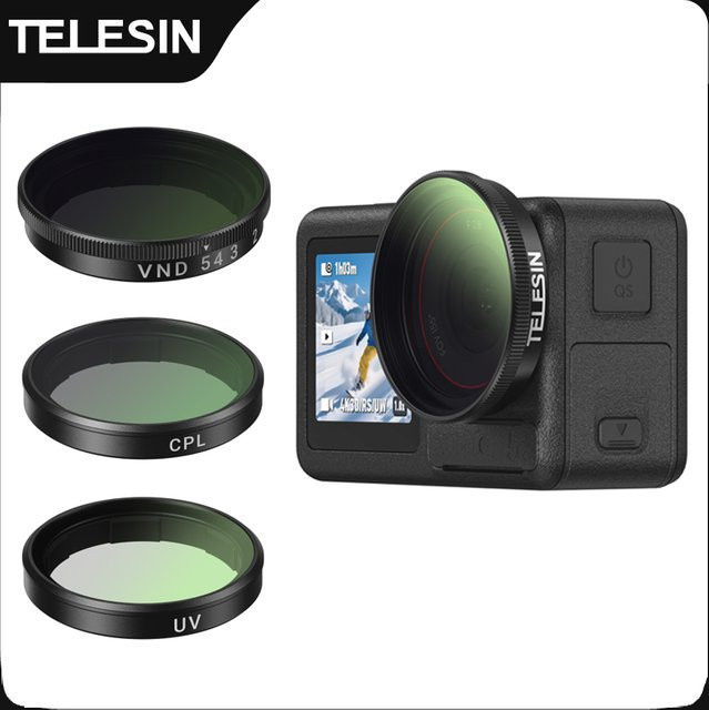TELESIN Filterset für DJI OSMO Action 3, 4 und 5 Pro mit CPL, ND8, ND16, ND32 und UV VND Filtern aus Aluminiumlegierung in Schwarz - Bild 1