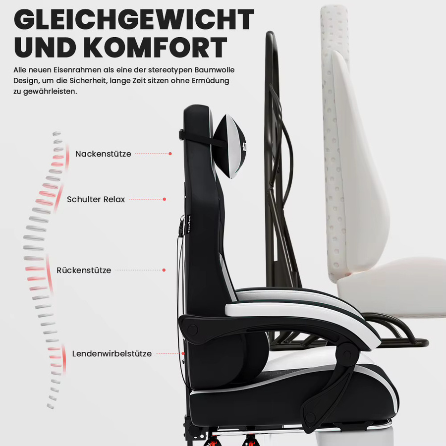 SUKIDA Ergonomischer Racing-Gaming-Stuhl in Schwarz-Weiß mit Kopfstütze und Lordosenstütze, verstellbar und drehbar aus Kunstleder - Bild 3