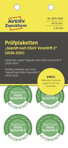 Avery Zweckform Prüfplakette 6976-2026 nach DGUV Vorschrift 3, Grün, selbstklebend, Durchmesser: 30 mm, 80 Stück - Bild 1