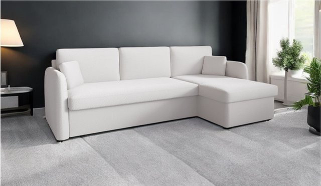 M-Punkt Ecksofa NICE Abriamo in Ecru Hell mit Bettfunktion, Bettkasten und Ottomane aus Bouclé Stoff, universell links oder rechts konfigurierbar - Bild 1