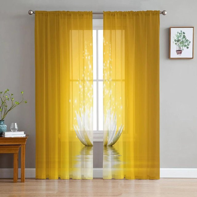 Yiran Furniture Lotusblume Tüllvorhang Gelb, Transparentes Voile-Fensterdekoration mit Ösen, Breite: 135 cm, Höhe: 115 cm - Bild 1