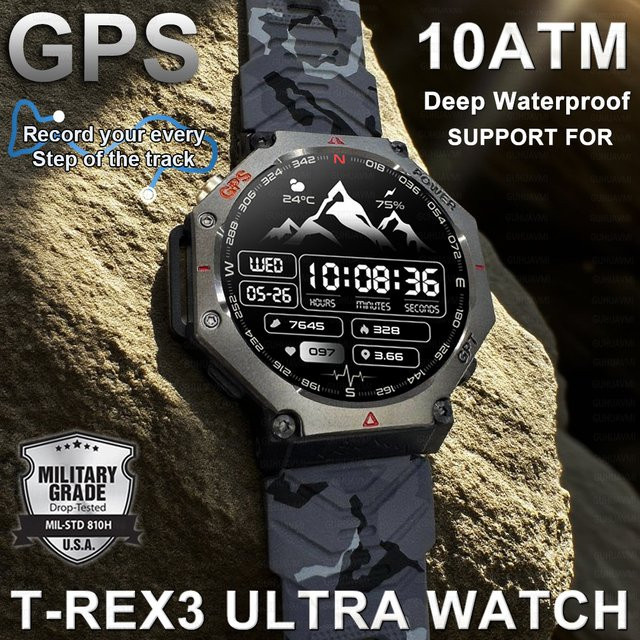 GUHUAVMI Smartwatch T-Rex 3, GPS, Bluetooth, Silikon, Schwarz, 10 ATM - Bild 1