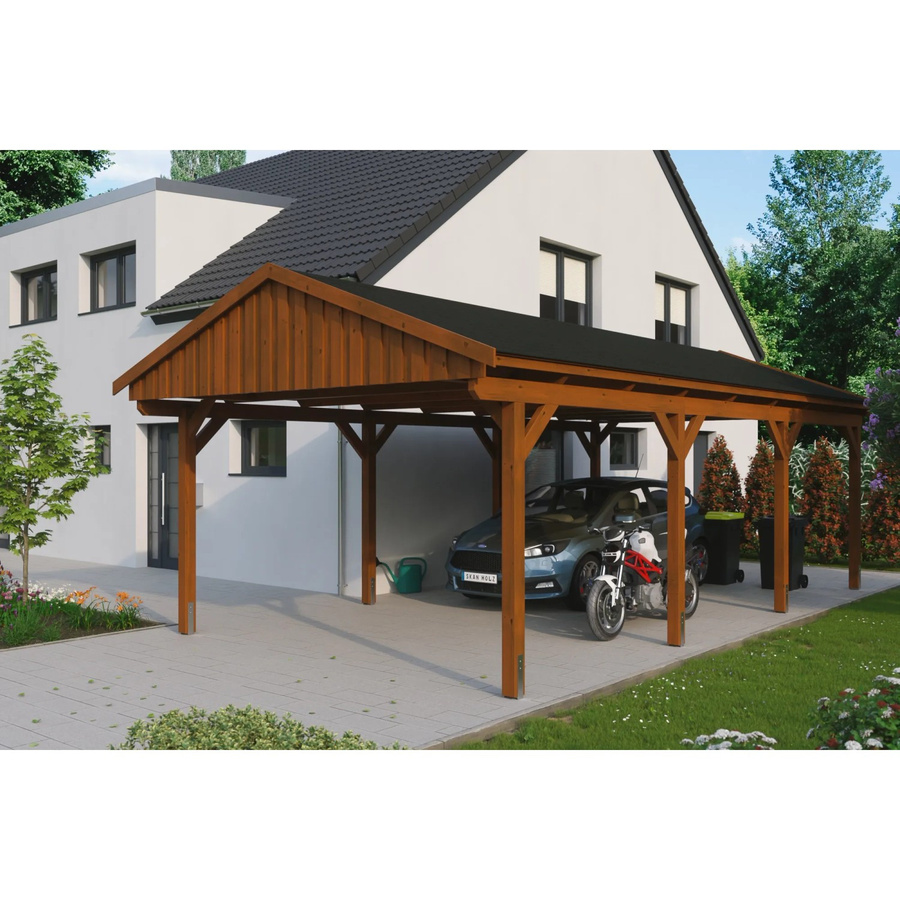 Skan Holz Carport Fichtelberg aus Fichte in Nussbaum Braun mit Dachschindeln, B/T: 423 x 808 cm, Höhe: 326 cm - Bild 2