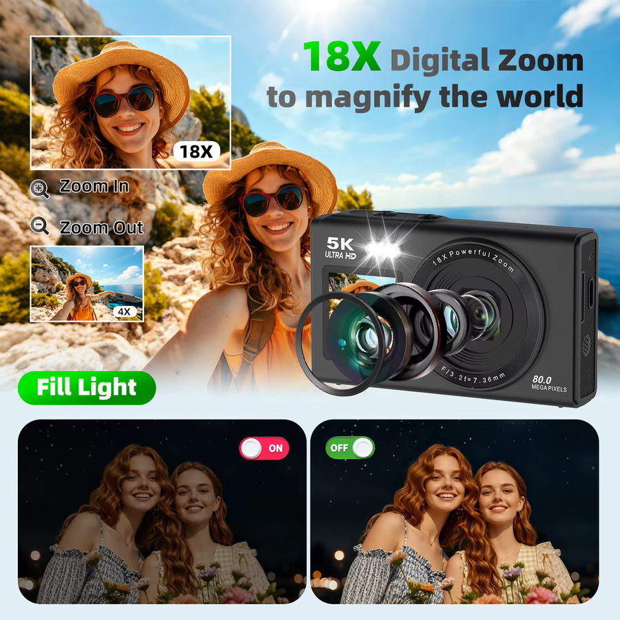 Ourlife Digitalkamera 5K 80MP mit 18X Digitalzoom und Dual-Bildschirm, Kompaktkamera mit WIFI in Schwarz - Bild 5