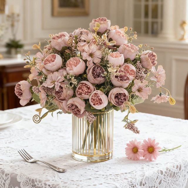 XIAOYINMO Künstliche Blumen Set aus Seiden-Teeknospen, Rosen und Pfingstrosen in Pink für Hochzeitsstrauß und Dekoration - Bild 1