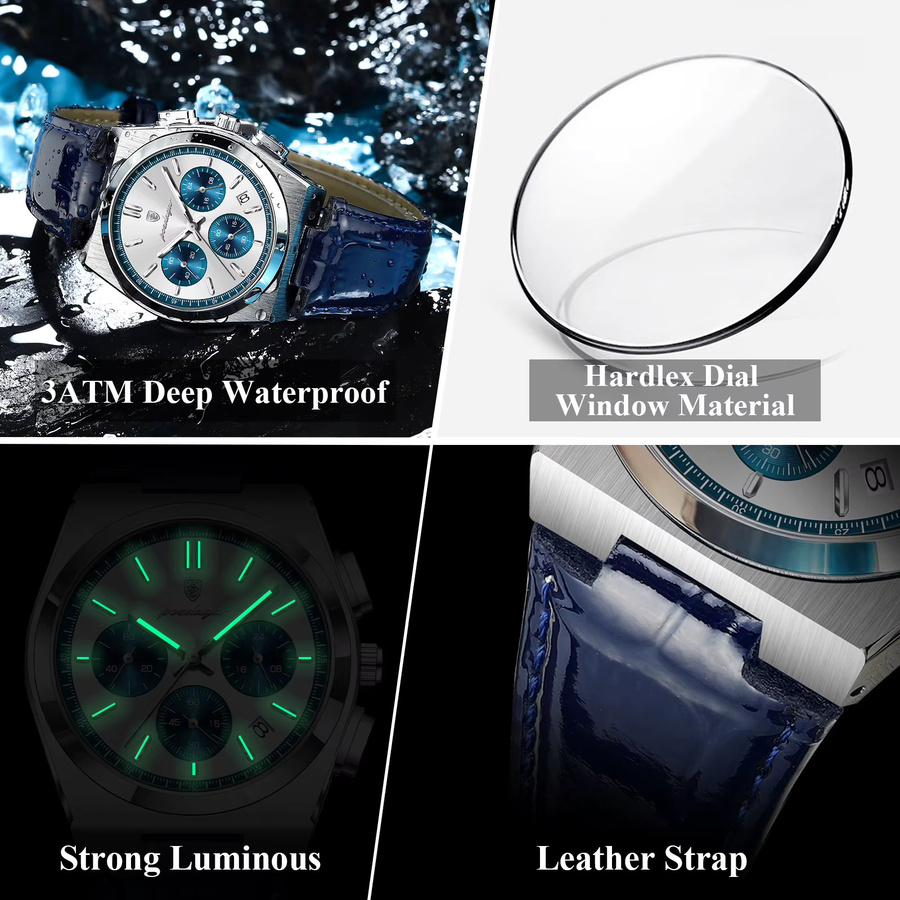 POEDAGAR Chronograph, Quarz, Leder, Silber, Herren - Bild 4