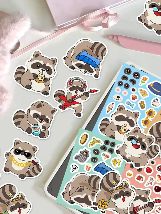 8er Set Cartoon Waschbär Puzzle Aufkleber zur DIY Dekoration für Mobile und Tablet, Mehrfarbig - Bild 3