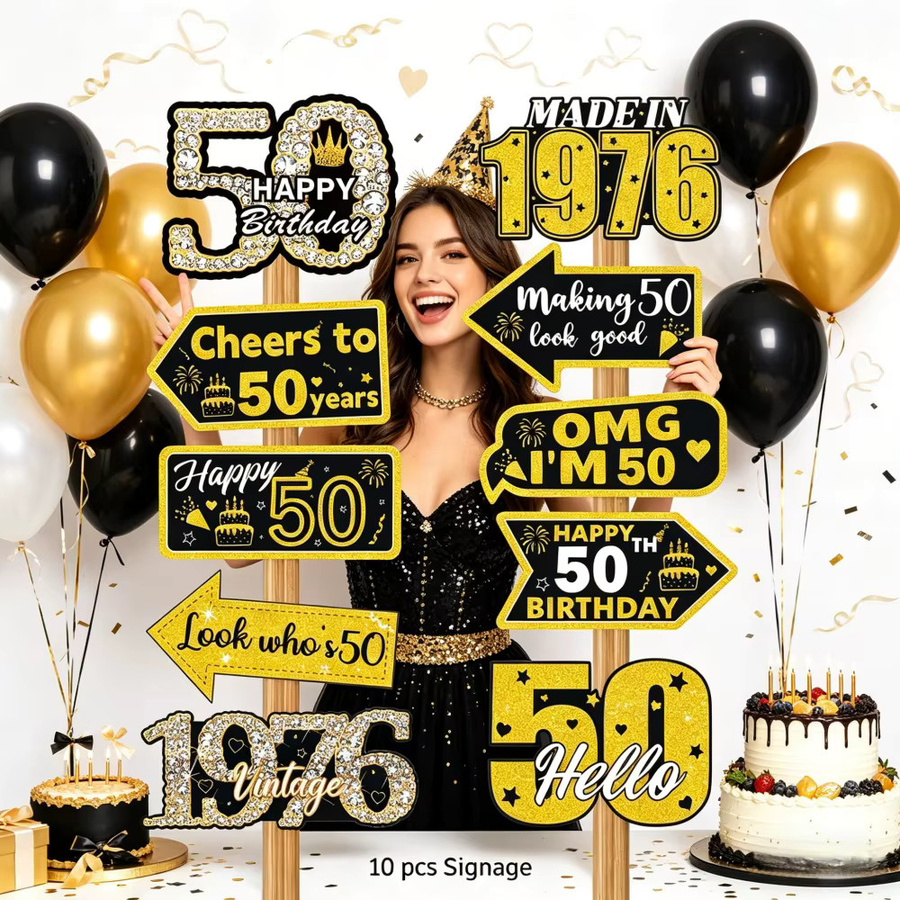 AFYPRTY 10-teiliges 50. Geburtstag Dekorations-Set in Schwarz-Gold im Vintage-Stil mit Foto-Requisiten aus Papier für deine Geburtstagsfeier - Bild 4
