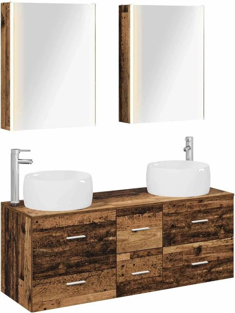 vidaXL Badezimmermöbel-Set aus Altholz und Glas in Braun mit Waschtischunterschrank, Spiegelschrank und LED-Beleuchtung - Bild 1