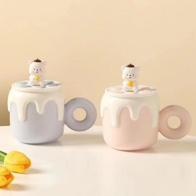 Yiran Furniture Keramiktasse mit Deckel in Form eines japanischen Bären, Weiß, 500 ml - Bild 1