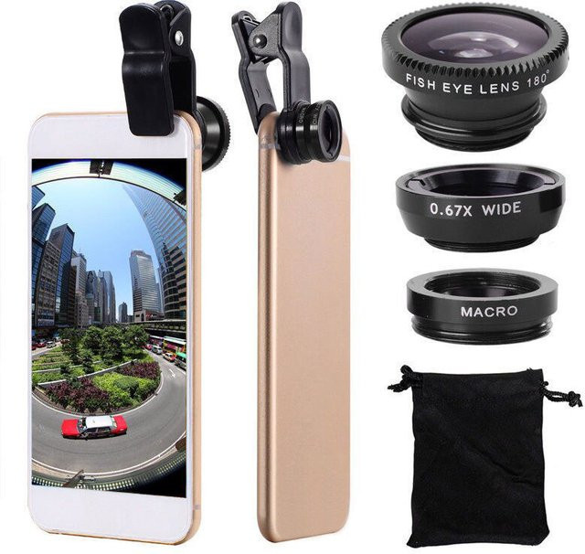 3in1 Fisheye Objektiv Set für Smartphone mit Weitwinkel, Makro und Zoom Linsen in Schwarz inklusive Clip für iPhone, Samsung und Xiaomi - Bild 1