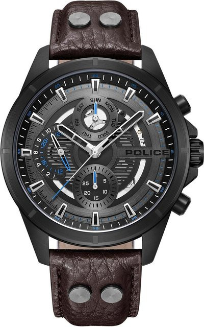Police Herrenuhr Malawi, Quarz, Edelstahl, 45 mm, Leder, Braun, 5 ATM - Bild 1