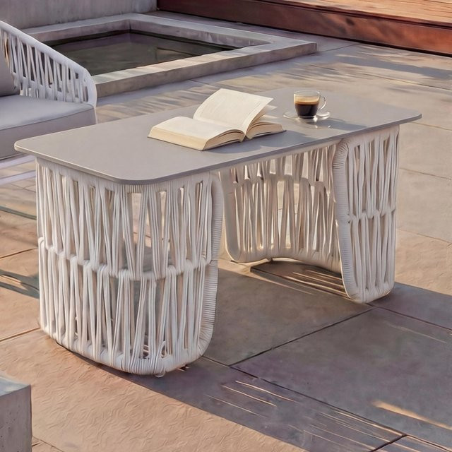 MCW Loungetisch P90 Outdoor Gartentisch mit Seilgeflecht und Sinterstein Platte, Hellgrau, B/T/H: 90 x 43 x 45 cm - Bild 1