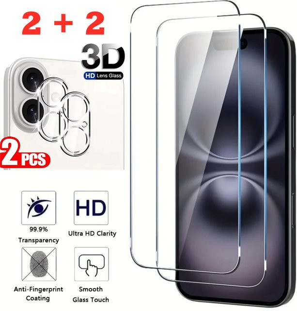 4-in-1 Vollflächiger Glasbildschirmschutz und 3D-Kameraschutz für iPhone 13 bis 17 Pro Max in Transparent - Bild 1