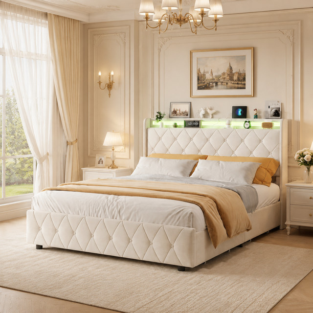 Modernes Plattformbett HYNHXBP aus Samt mit 4 Schubladen und diamantgestepptem Kopfteil in Beige, B/T/H: 90 x 200 cm, 140 x 200 cm oder 160 x 200 cm - Bild 1