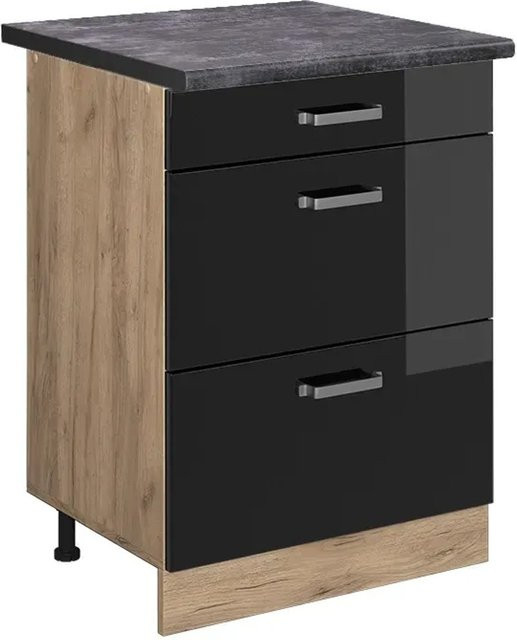 Vicco Küchenunterschrank R-Line in Schwarz Hochglanz und Goldkraft Eiche mit Schubladen, Farbe: Schwarz, Anthrazit, Gold, B/T/H: 60 x 30,73 x 81,6 cm - Bild 1