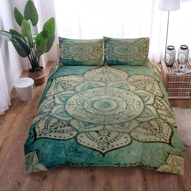 Vintage Mandala Bettwäsche Set aus Mikrofaser in Türkis mit grafischem Boho-Design, B/T/H: 180 x 210 cm - Bild 1