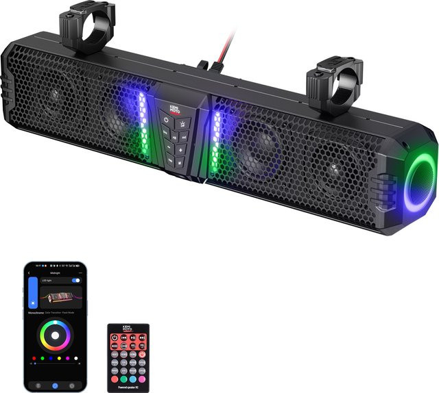 KEMITOUR Bluetooth Soundbar für UTV ATV mit RGB-Beleuchtung, IP66 wasserdichter Lautsprecher in Schwarz, passend für 1-2 Zoll Überrollbügel, kompatibel mit Polaris, Can-Am und CFMOTO - Bild 1