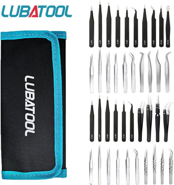 LUBATOOL 10-teiliges ESD-Präzisionspinzetten-Set aus Edelstahl mit Tasche für Elektronik und Telefon-Reparatur - Bild 1