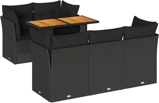 vidaXL 6-teilige Garten-Sofagarnitur aus Poly-Rattan und Akazienholz in Schwarz mit Kissen - Bild 1