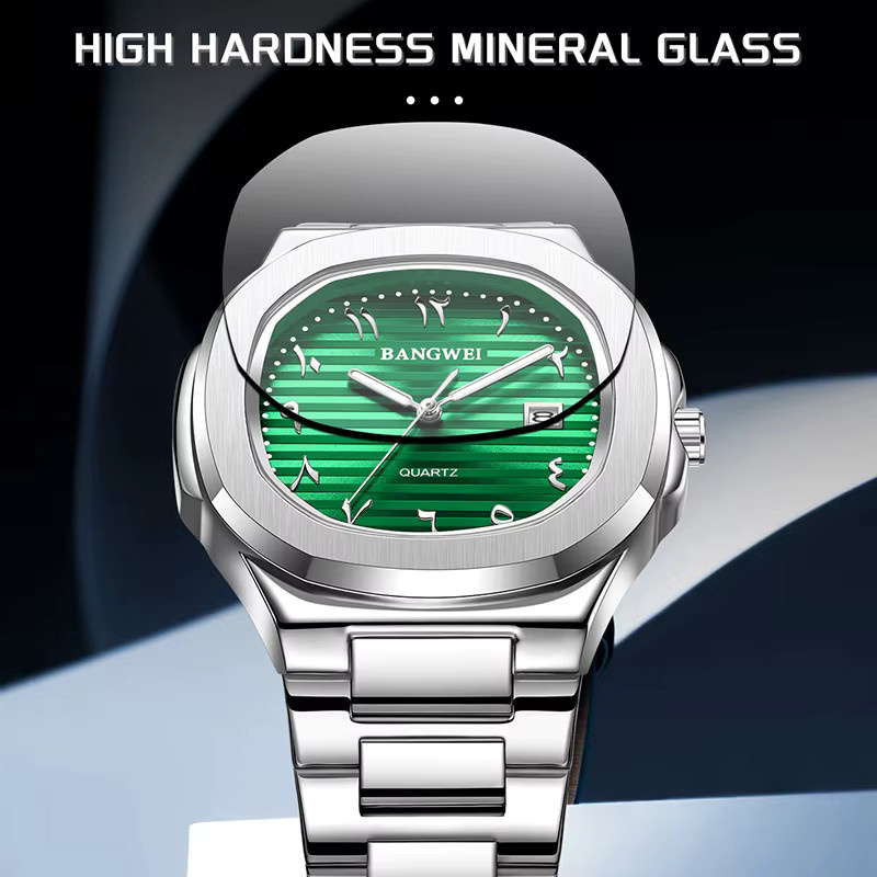 BANGWEI Armbanduhr Quarz, Edelstahl, Grün, Silber, Herren - Bild 5