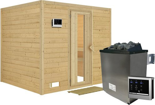 Karibu Sauna Paldiski aus Fichtenholz in Beige mit 9 kW Saunaofen und externer Steuerung für 4 Personen, B/T/H: 236 x 184 x 209 cm - Bild 1