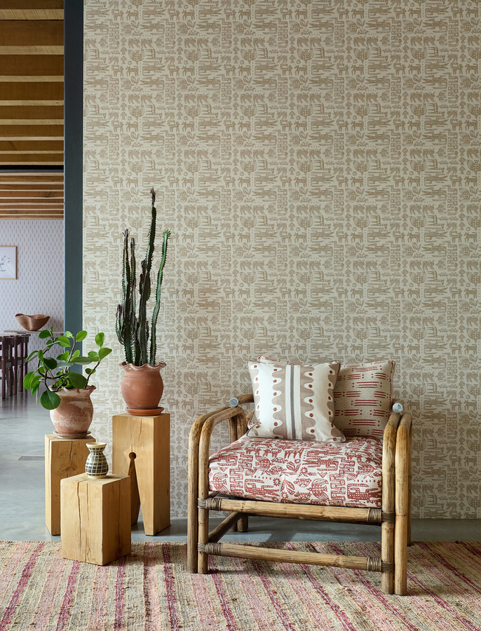 Scion Tapete Twycross Linen in Beige mit geometrischem Mid-Century Design und Tier-Motiven aus Vlies - Bild 1