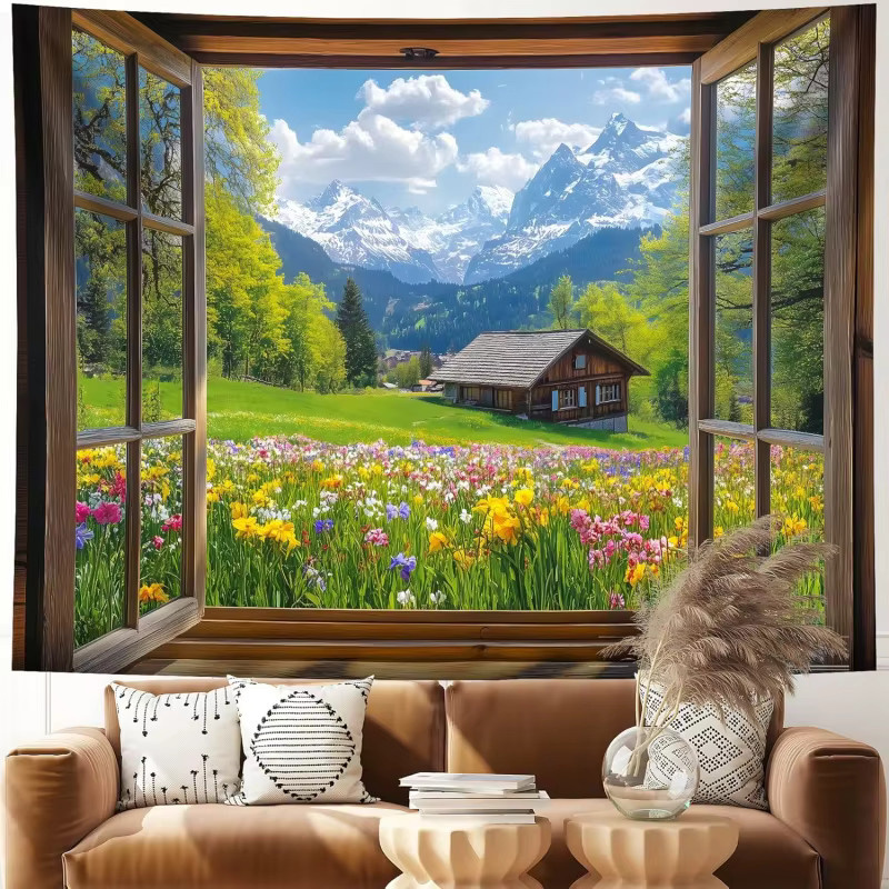 VIKAMA Wandteppich mit Natur-Landschaftsmotiv in Mehrfarbig, Rechteckiger Textil-Wandteppich für Wohnzimmer und Schlafzimmer - Bild 2